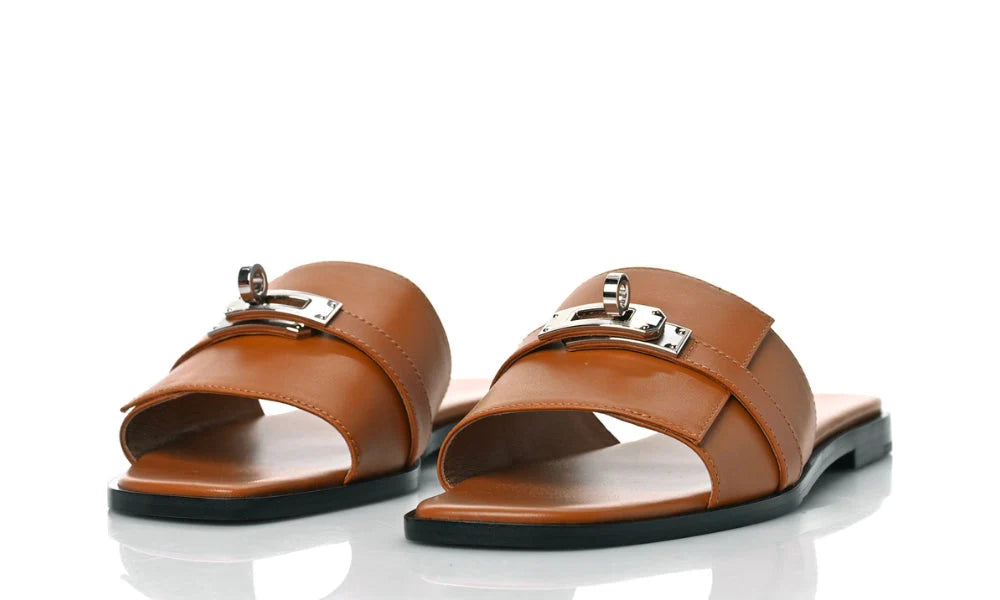 HERMES Calfskin Giulia Sandals Naturel 'Brown