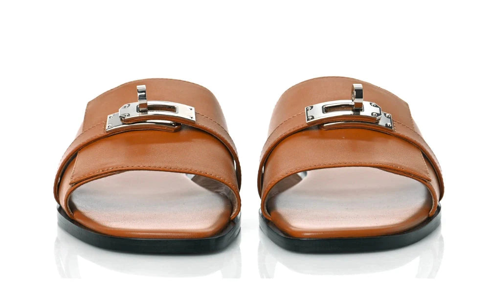 HERMES Calfskin Giulia Sandals Naturel 'Brown